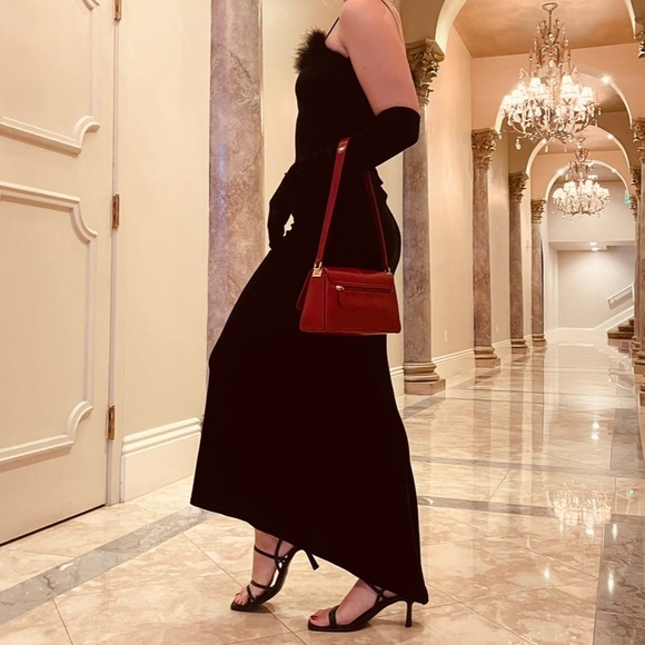 Vintage 90s Feather Trim Velvet Gown - Picture 2 of 6